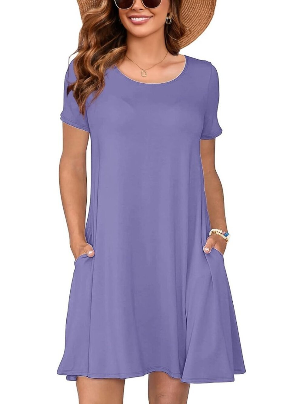 Women's Light Purple Summer Short Sleeve Crewneck Swing Dress Casual T-Shirt